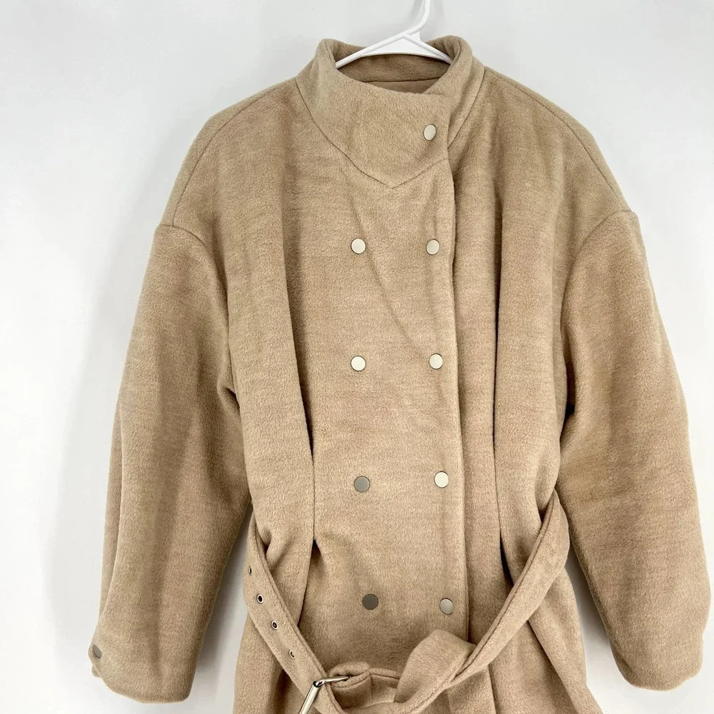 THE KORNER Women's size S Khaki Double Breasted Belted High-neck Wool Blend Coat - Picture 2 of 7